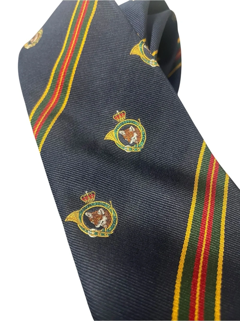 Lands' End Navy Crest Stripe Silk Tie with Red and Yellow Accents